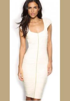 White Cap Sleeve Front Zip Bodycon Pencil Dress