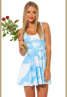 Blue Sleeveless Sky Flower Pattern Ruffle Dress  Clouds Floating Reversible Skater Dress