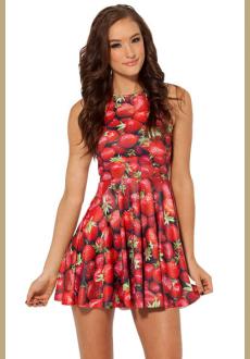 STRAWBERRY REVERSIBLE SKATER DRESS  Red Sleeveless Strawberry Pattern Ruffle Dress