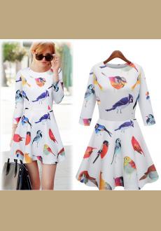 Lady Vintage Bird Print 3-4 Sleeve Cocktail Party Flare Pleated ALine Dress