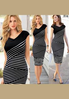 Sexy Knee-Length V-Neck Short Sleeve Striped Midi Slim Dress