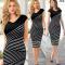 Sexy Knee-Length V-Neck Short Sleeve Striped Midi Slim Dress