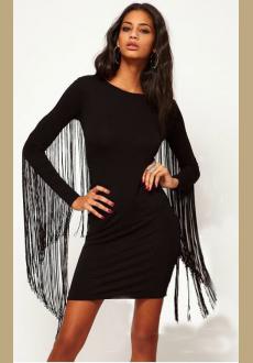 New Womens Wholesale Club Street Cotton Long Sleeve Round Neck Fringe High Waist Short Bodycon Dress