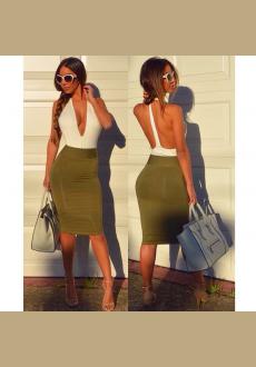 Sexy Halter V Neck Tank Sleeveless Backless Patchwork Green Polyester Sheath Knee Length Dress