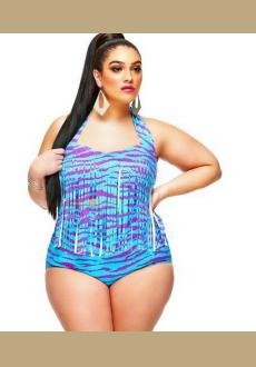 Halter Fringe Embellished Water Wave Print Swimsuit