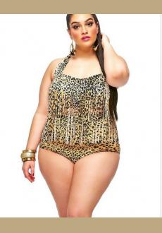 Leopard Print Plus Size Two Piece Tassel Swimwear