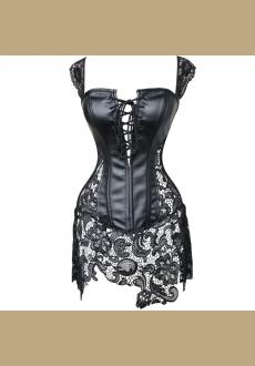 Women's Sexy Faux Leather Shoulder Strap Corset Dress Bustier Lace Skirt