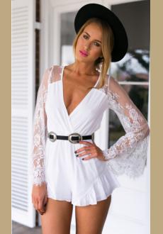 Fashion women white lace jumpsuits summer style v neck perspective sexy romper batwing sleeve floral knitting casual jum