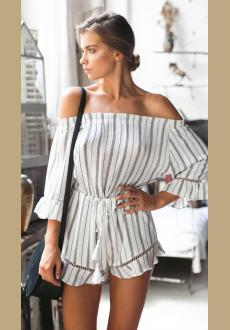 Ruffled Off The Shoulder Tassel Tie Waist Romper