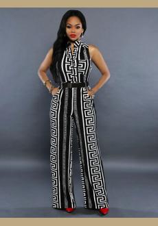 Women Sleeveless Vintage Printed Flare Jumpsuit