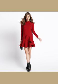 Red High Neck Ruffle Long Sleeve Flounce Hem Dress