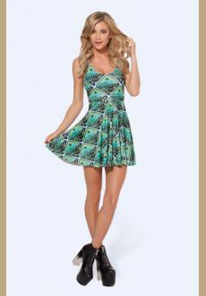 Green Mixed Print Sleeveless Pleated Skater Dress