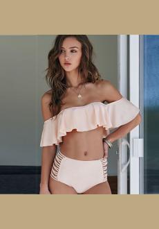 Fashion Sexy Solid Color Off-shoulder Ruffle Two piece Bikini Swimsuit