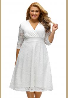 White Plus Size Surplice Lace Formal Skater Dress