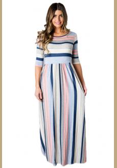 Light Multicolor Striped Half Sleeve Casual Maxi Dress