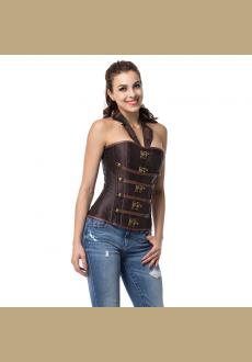 Brown Collar Zipper Steampunk Corzzet Trainer Overbust Waist Corsets 