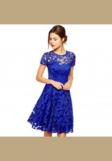 Fashion Women Summer Party Mini Dress Short Sleeve Blue Red Black Lace Dresses Lady Dress