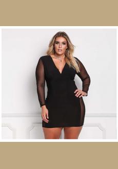 Women's Sexy V Neck Mesh Long Sleeves Autumn Plus Size Women's Dress 