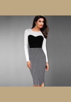 Charming Black and White Mixed Fabric Jewel Neck Houndstooth Printed Spliced Bodycon Midi Dress For Women