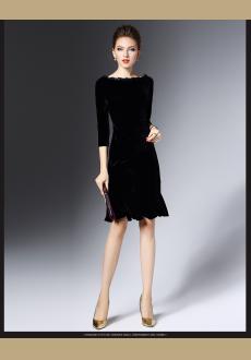 Black  Sleeve Velvet Flounce Bateau boat Neck Midi Dress