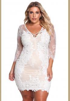 White Plus Size Floral Lace Embroidered Dress