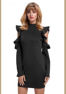 Black Cold Shoulder Ruffle Long Sleeve Bodycon Dress