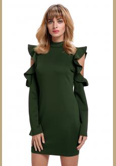 Army Green Cold Shoulder Ruffle Long Sleeve Bodycon Dress