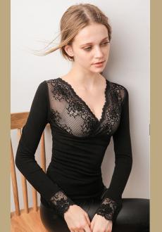 Lace V-neck double-layer thermal  underwear long-sleeved winter underwear set