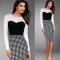 Charming Black and White Mixed Fabric Jewel Neck Houndstooth Printed Spliced Bodycon Midi Dress For Women