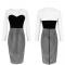 Charming Black and White Mixed Fabric Jewel Neck Houndstooth Printed Spliced Bodycon Midi Dress For Women