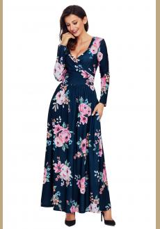 Navy Floral Surplice Long Sleeve Maxi Boho Dress