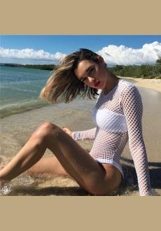 New Womens Ladies Long Sleeve Mesh Fish Net Leotard Bodysuit Top White Fashion