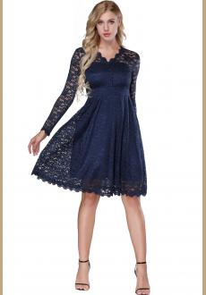 Women's Retro Floral Lace Long Sleeve Vintage Swing Cocktail Bridesmaid Dress S-XXL