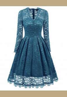 Women's Retro Floral Lace Long Sleeve Vintage Swing Cocktail Bridesmaid Dress S-XXL