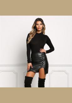 New Fashion Women Black Faux Leather Vintage Skirts Vogue Lace Up Pencil Mini Skirt Sexy Split Side Bodice Short Skirts