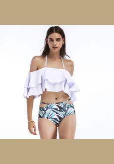 Bottomless Sea Lotus Leaf Bikini Set White Halter Ruffle Trim Bikini Top And High Waist Bottom