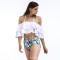 Bottomless Sea Lotus Leaf Bikini Set White Halter Ruffle Trim Bikini Top And High Waist Bottom