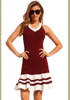 Burgundy White Cute Ruffle Hem Mini Dress