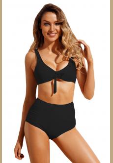 White Tie Front Bikini Ruched High Waist Swimsuit