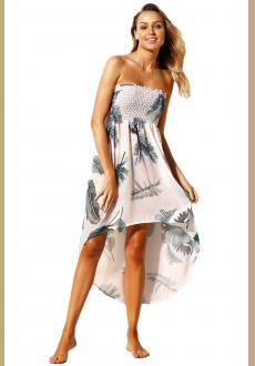 Tropical Leaf Print White Convertible Beach Dress