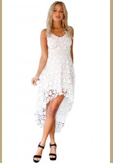 White Hollow Lace Nude Illusion Hi-low Party Dress