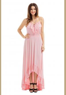 Lace Up V Neck Ruffle Trim Hi-low Maxi Dress