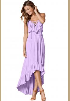 Lace Up V Neck Ruffle Trim Hi-low Maxi Dress