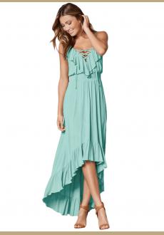 Lace Up V Neck Ruffle Trim Hi-low Maxi Dress