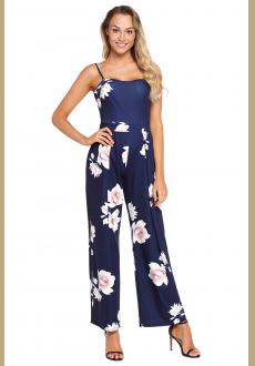 Navy Blue Floral Print Wide Leg Jumpsuit