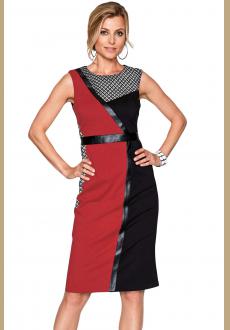 Red Black Asymmetric Patchwork Leather Trim Sheath Dress