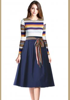 Navy  Striped Poplin Sash Tie Midi Dress