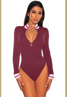 CLARET WHITE RED STRIPED RIBBED KNIT MOCK NECK ZIPPER BODYSUIT