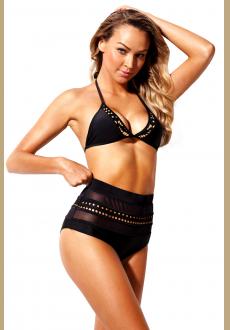 BLACK EYELET TRIM HALTER BIKINI HIGH WAIST SWIMSUIT