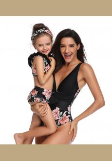 Flower Print Vest Mom & Daughter Swimsuit